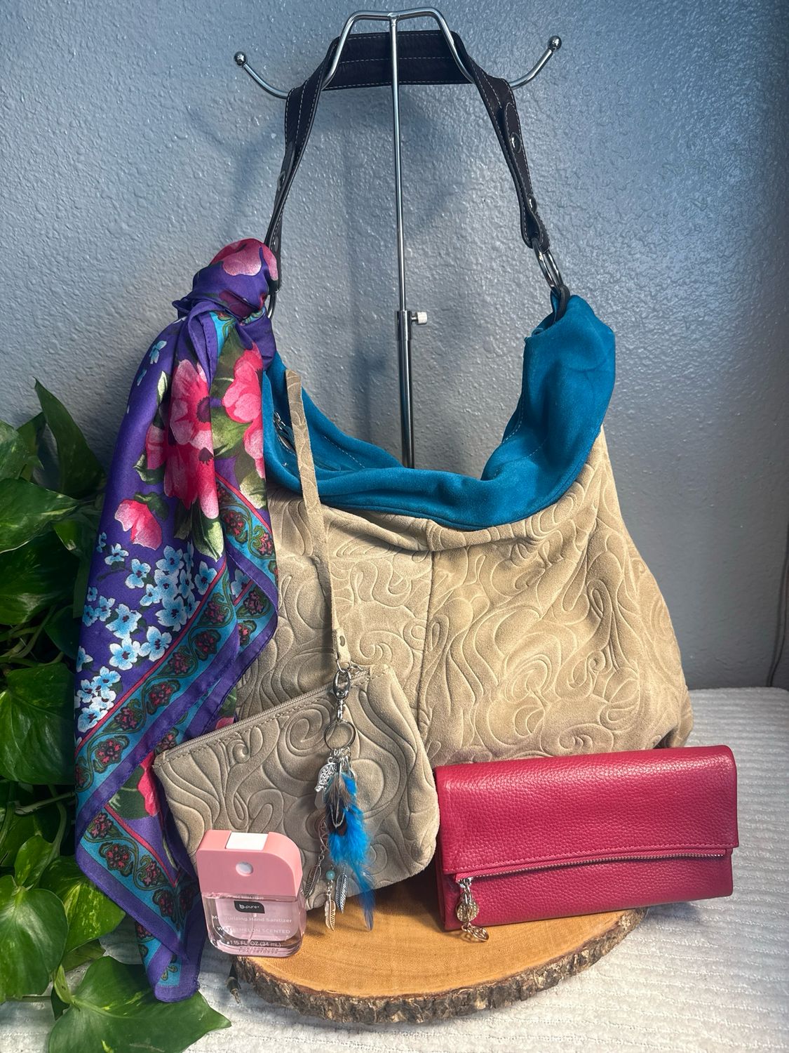 Gianni Notaro Italy Beige Turquoise Suede With Brown Leather Strap “Come As You Are”Build A Bag Bundle