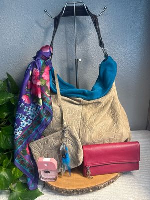 Gianni Notaro Italy Beige Turquoise Suede With Brown Leather Strap “Come As You Are”Build A Bag Bundle