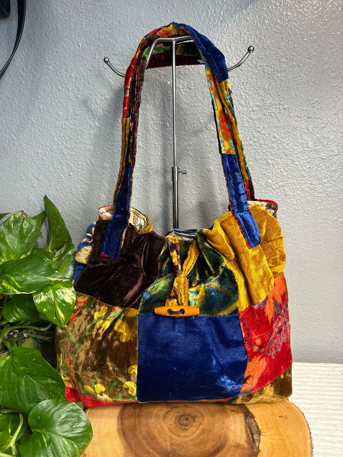 Unbranded Velvet Patchwork With Wooden Toggle, Shoulder Bag New Without Tags