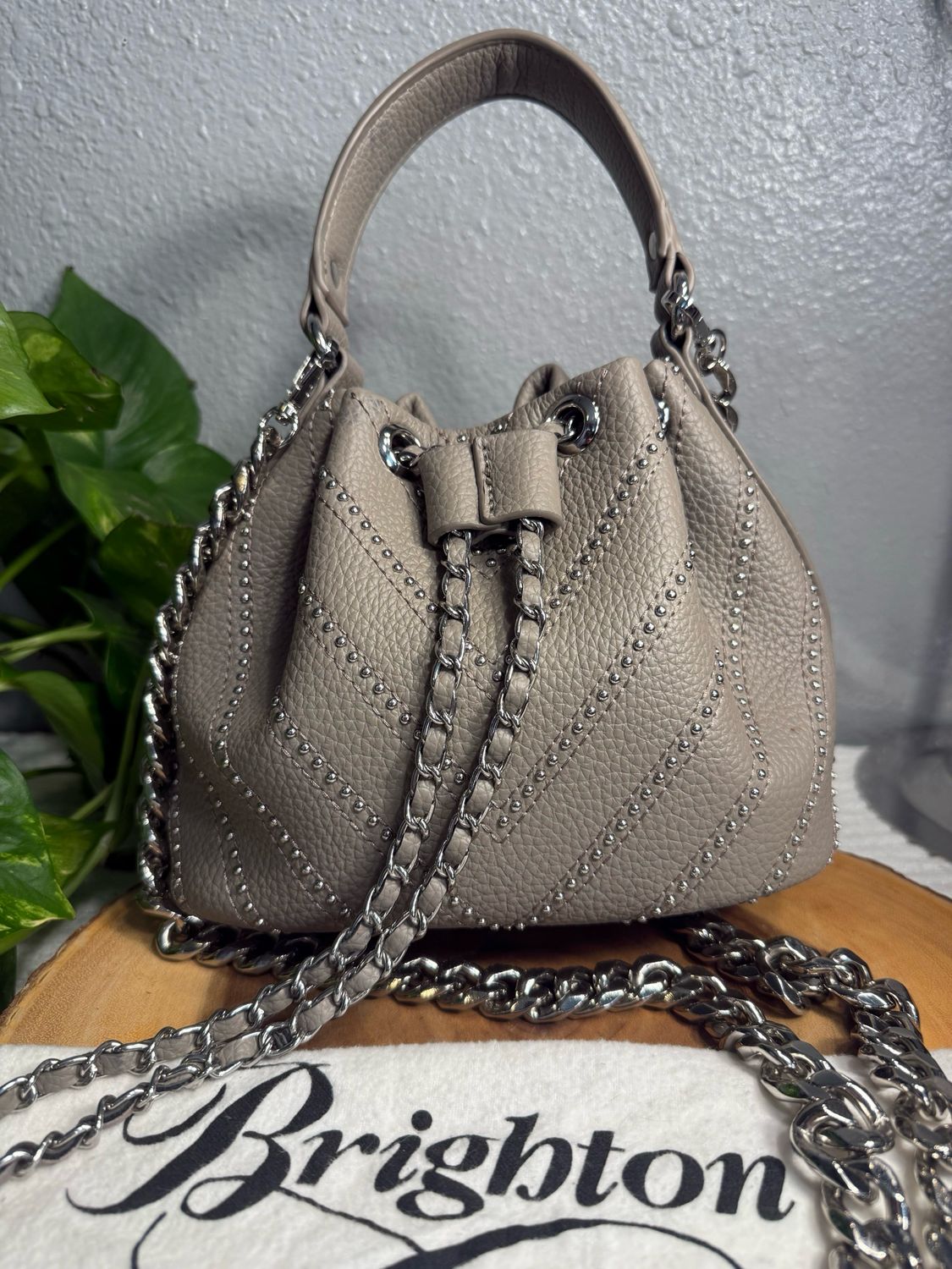 Brighton Taupe, Pebble, Leather, Silver, Micro, Stuttered Bucket Bag