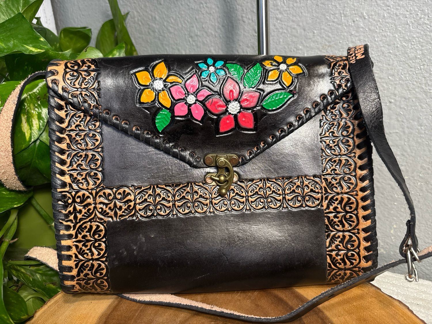 Unbranded Artisan Made In Mexico, Black Embossed, Leather Crossbody Bag New Without Tags