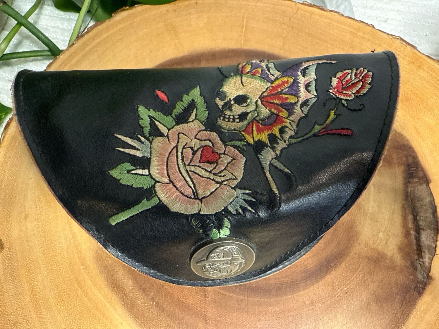Ed Hardy Vintage Black Leather Skull Embroidered Sunglasses Case