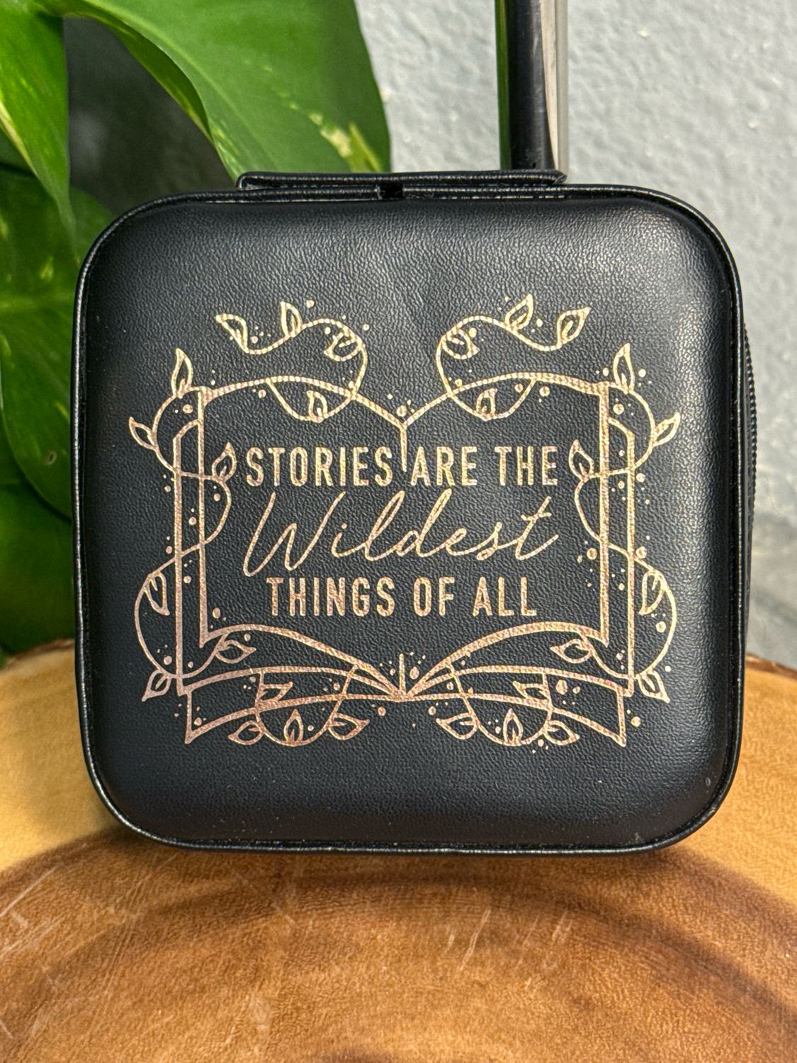 Black Vegan Leather With Rose, Gold Font, Compact Jewelry Box NWOT