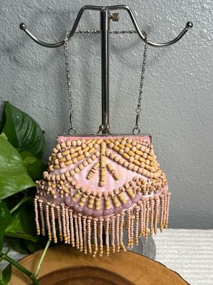 Unbranded, Vintage Pink Satin And Beaded Kiss Lock Handbag Catch All Cosmetic Bag