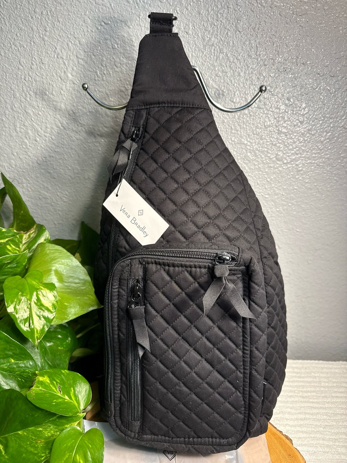 Vera Bradley, Black Quilted Cotton Sling Backpack New With Tags