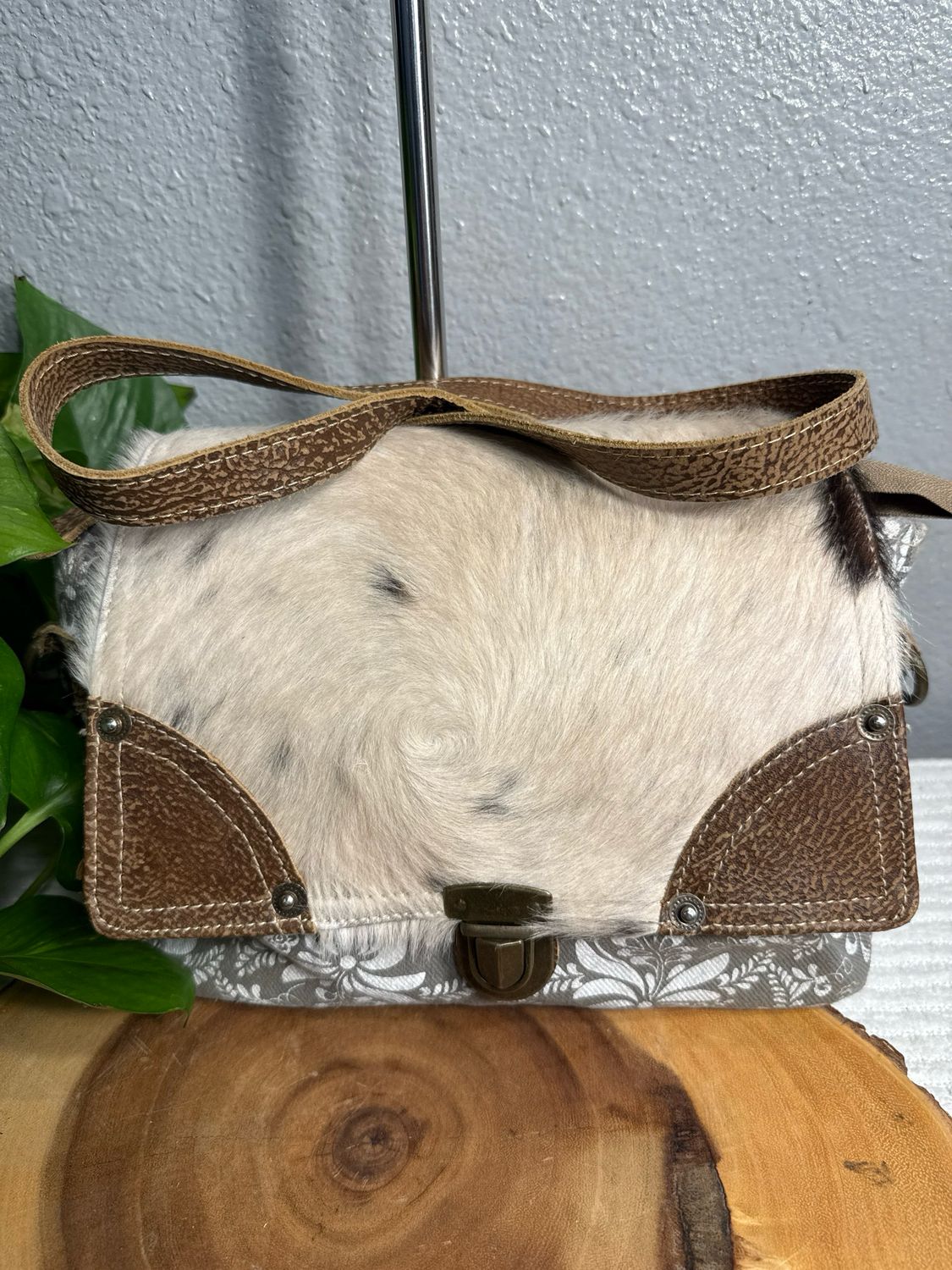 Myra Hair On Hide Leather And Canvas Floral Print Crossbody Bag Like New