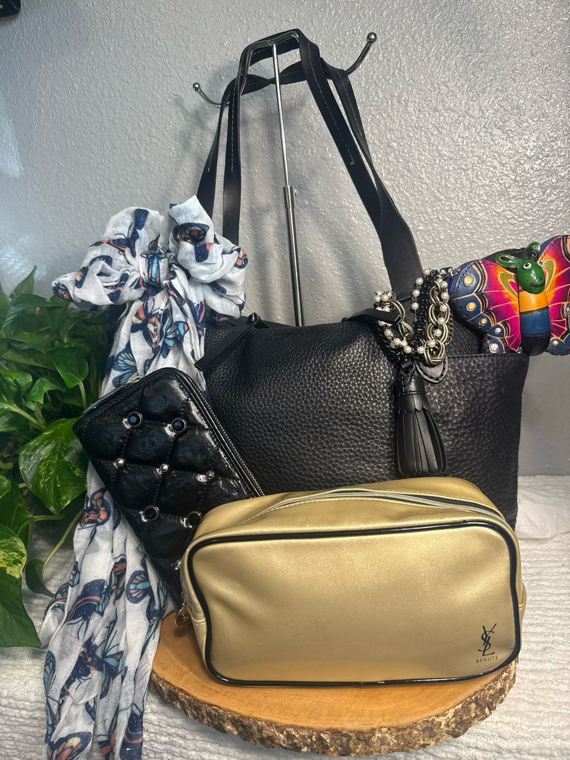 BUILD A BAG Cole Hann &amp; YSL Black Pebbled Leather East West Tote “You Give Me Butterflies Bundle