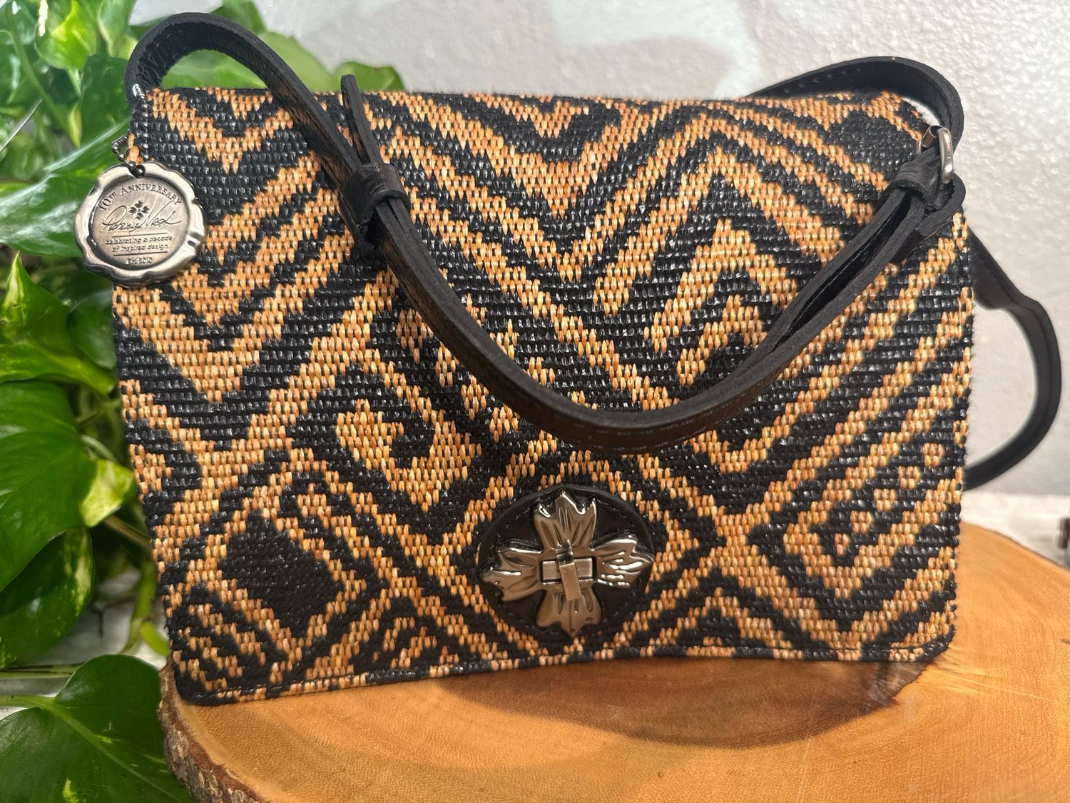 Patricia Nash black leather and strawlike material 10th anniversary Crossbody new without tags