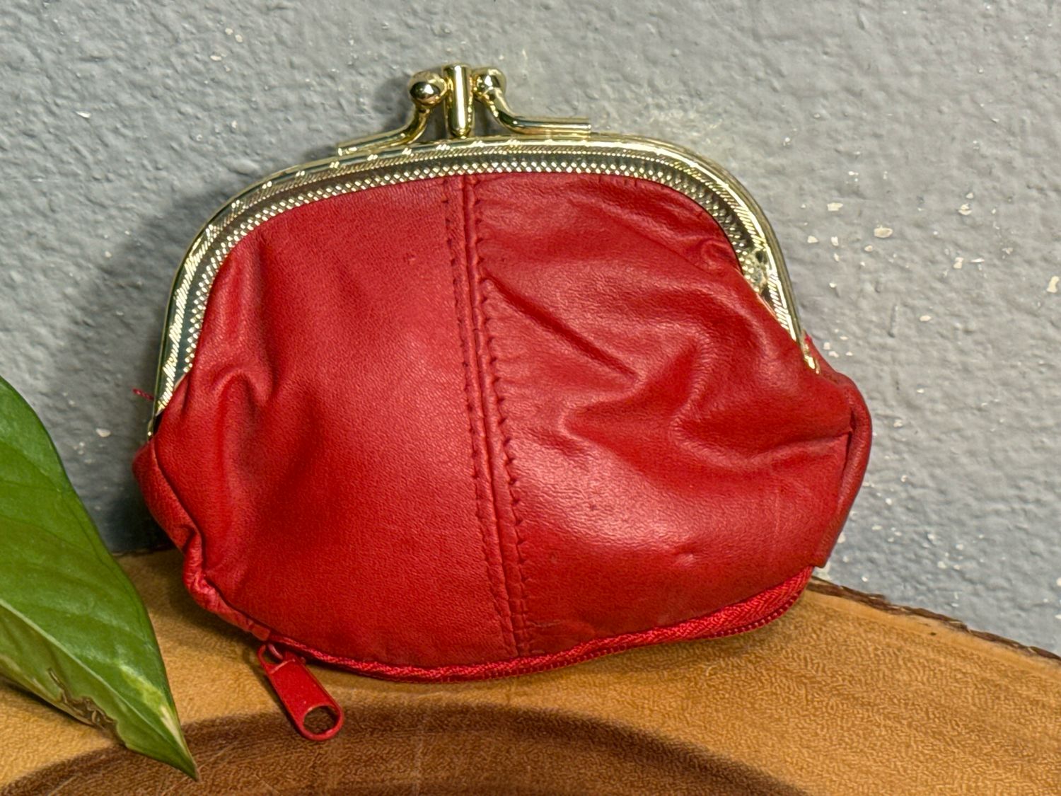 Unbranded, Vintage, Red, Leather Double Kiss, Lock And Zipper Coin Purse