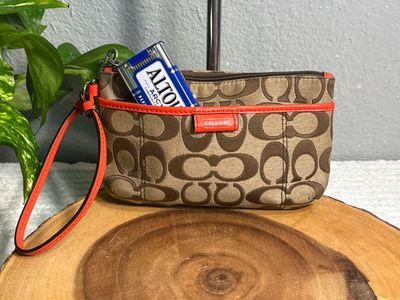Coach Brown Signature C Jacard With Orange Leather Trim, Wristlet Wallet