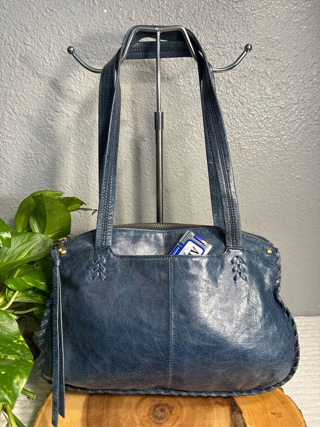 Hobo, International Distressed, Lagoon, Blue, Leather, Whipstitch Shoulder Bag