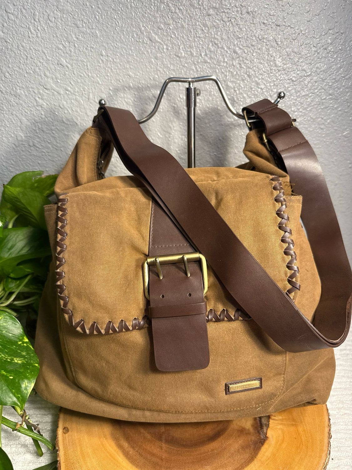 HOTKISS Vintage Brown Canvas And Vegan Leather Whipstitch Shoulder Or Crossbody Bag