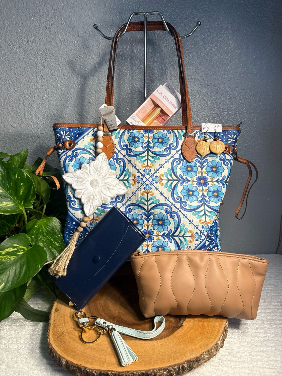 BUILD A BAG Brighton Limited, Edition, Blue Coated Canvas And Leather Floral Tote Bundle $320 ONLINE