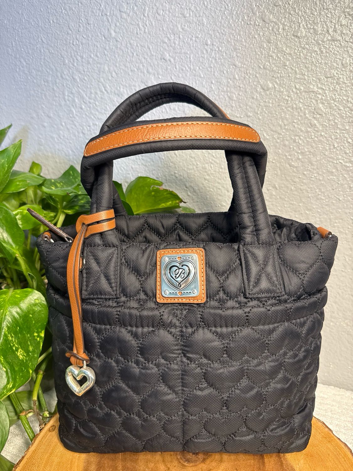 Brighton, Black Heart, Quilted, Satchel, Nylon And Brown Leather LIKE NEW