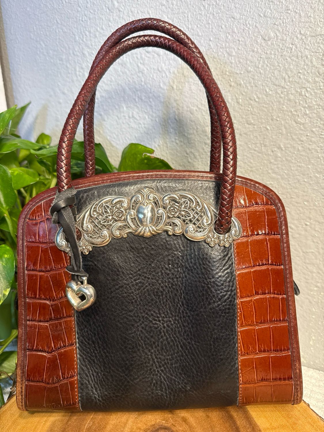 Brighton, Vintage Black Pebbled, Leather With Brown Crock And Bossed Satchel