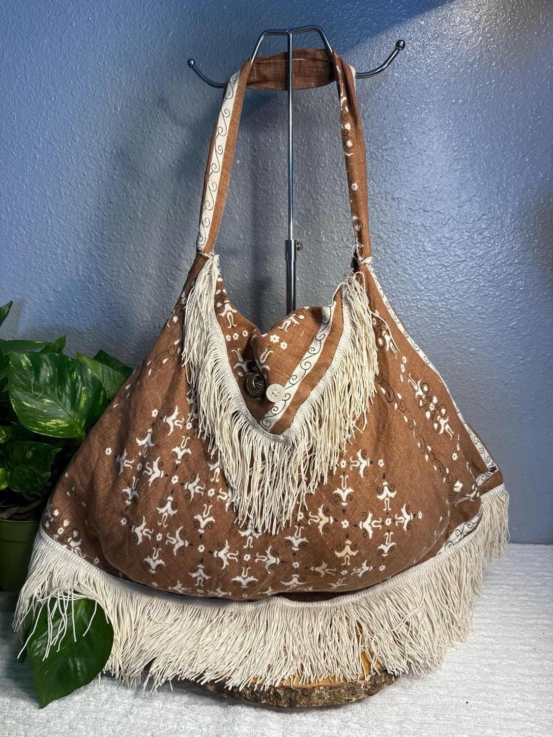 Unbranded, Brown bandanna Print LINEN, Fringe Slouchy, Shoulder Bag Handmade RARE FIND