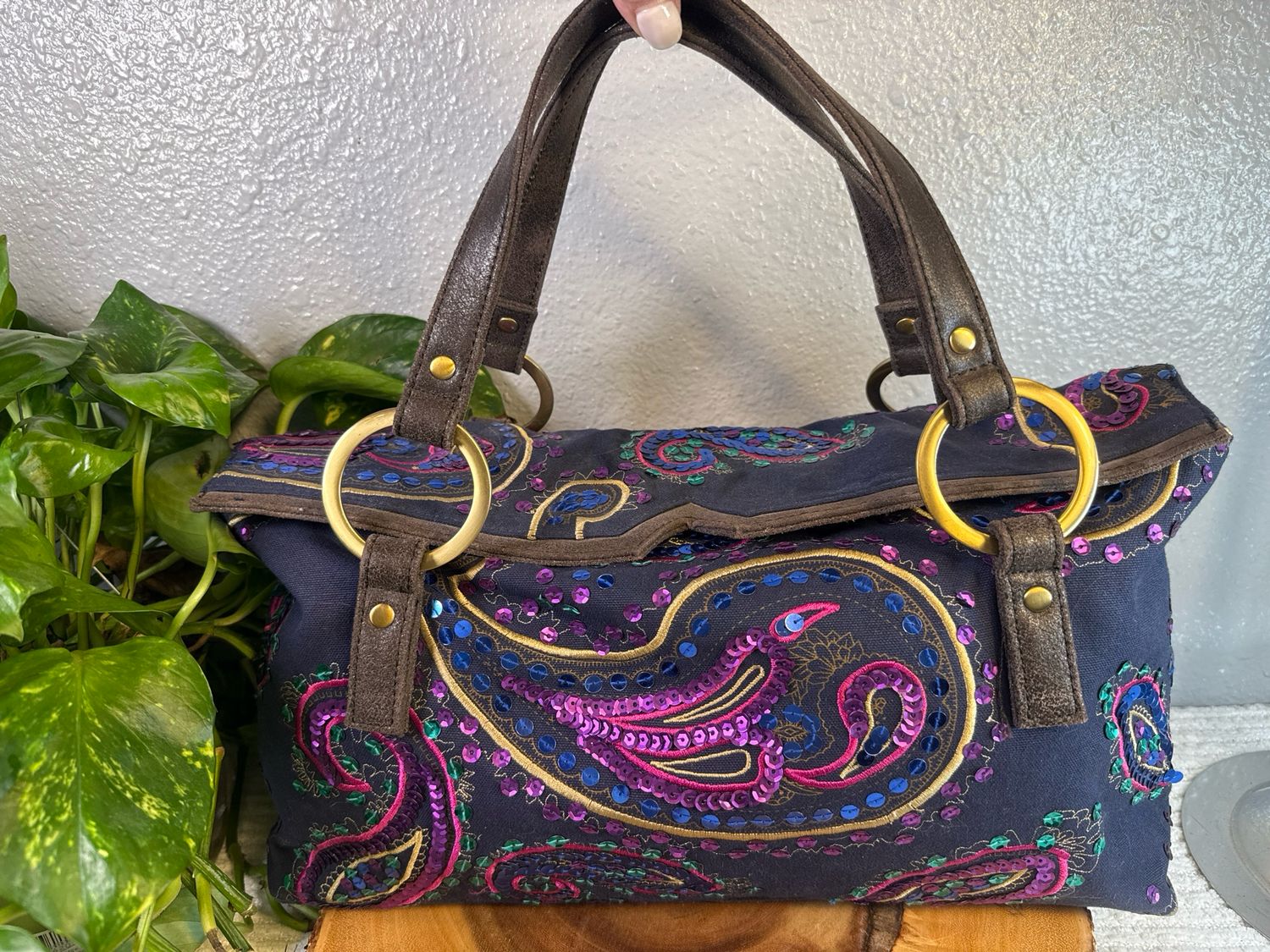 Extremely Rare Find Butterfly By Matthew Williamson Navy, Canvas And Brown Leather Embroidered With Sequins Handbag Up To $500 Online
