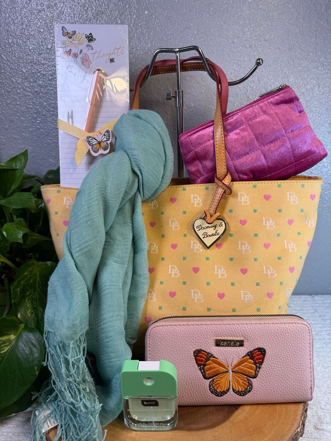 Build A Bag, Dooney, &amp; Bourke, Yellow Canvas With Pink Hearts “Best Day Of My Life” Tote Bundle