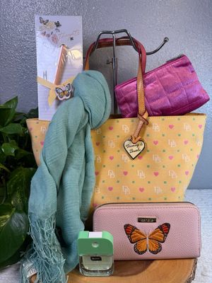 Build A Bag, Dooney, &amp; Bourke, Yellow Canvas With Pink Hearts “Best Day Of My Life” Tote Bundle