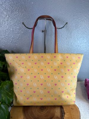 Build A Bag, Dooney, &amp; Bourke, Yellow Canvas With Pink Hearts “Best Day Of My Life” Tote Bundle