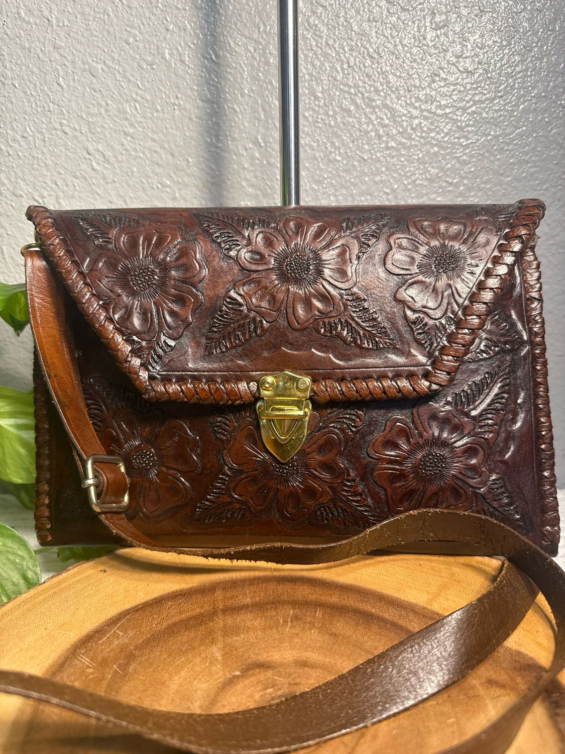 Vintage brown saddle, leather embossed envelope clutch style Crossbody bag new without tags