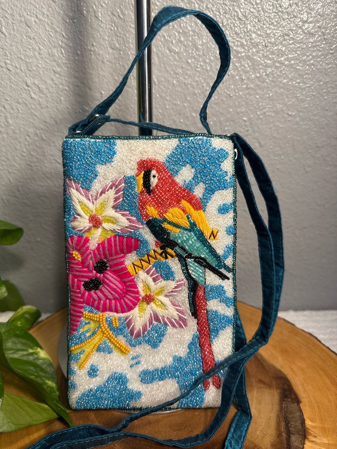 Bamboo Trading Company Beaded Floral With Parrot Crossbody Pouch