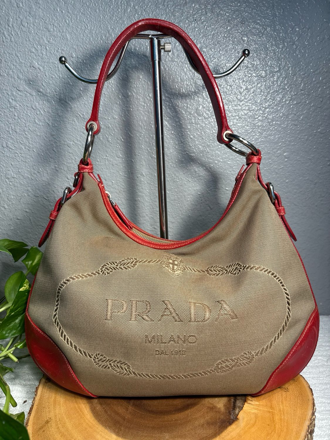 AUTHENTIC Prada Cannapa Taupe Jacquard And Red Leather Hobo Bag (from my collection)