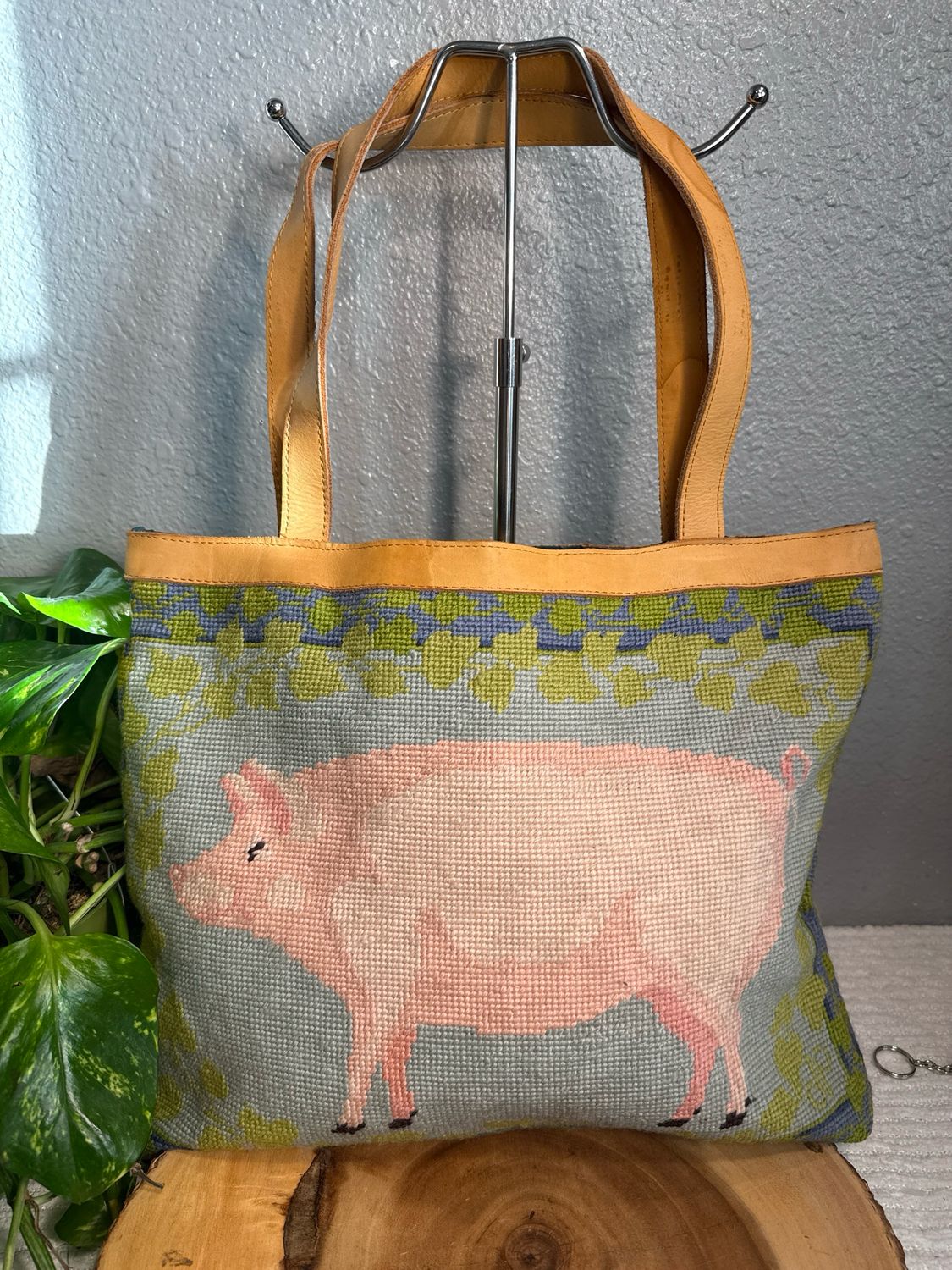 Vintage piggy needle point handmade tote bag with Vachetta leather trim