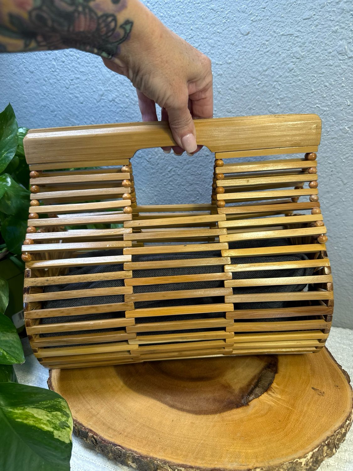 Cult Gaia? Wooden Basket Bag Denim Insert Included New Without Tags