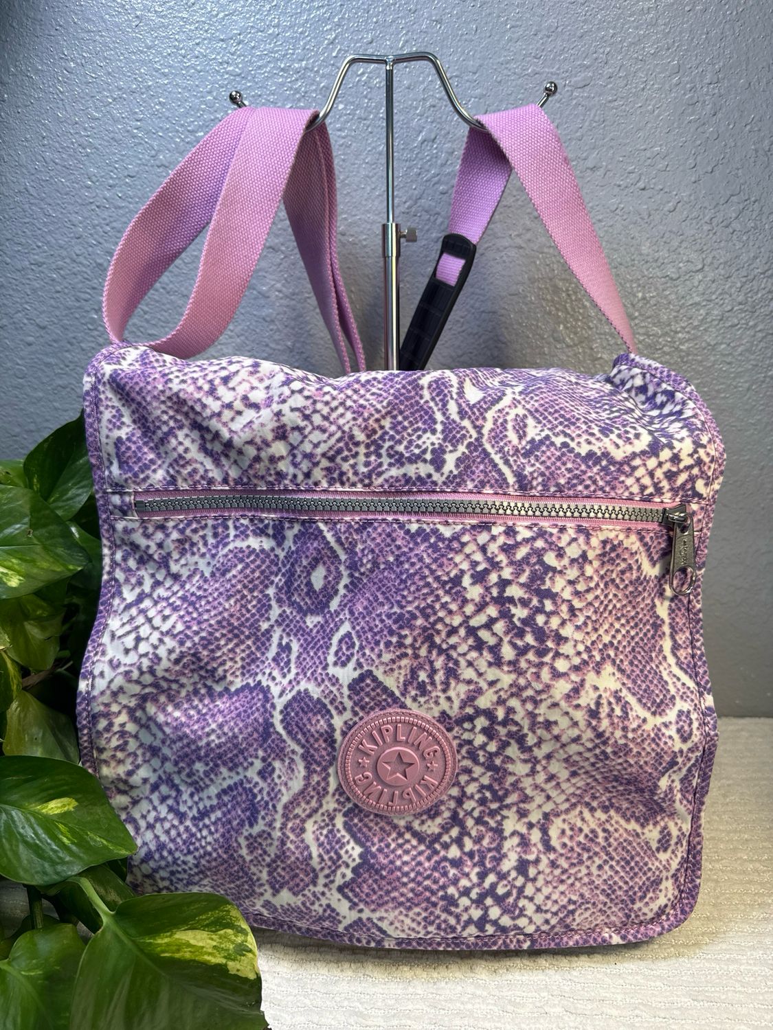 Kipling Large Lavender And Pink Snake Print Nylon Messenger Bag New Without Tags