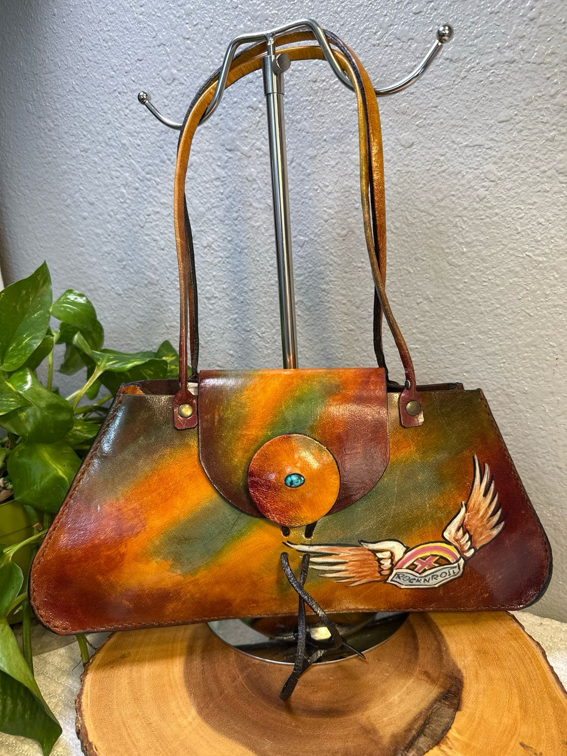 RARE FIND WA BAGS Leather With Turquoise Stone “Rock N Roll” Shoulder Bag NWOT