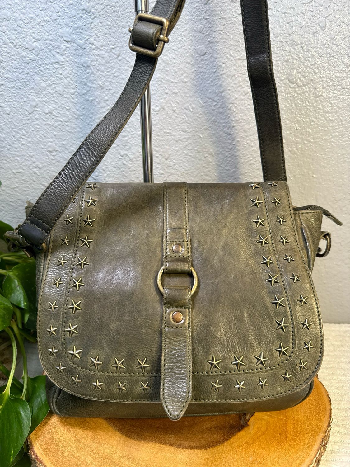 Myra Olive, Green, Distressed, Leather Bronze Star Studded Crossbody Bag New Without Tags