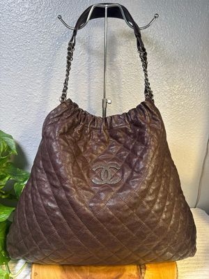 Chanel Authentic, (Cert. Of AUTH INCLUDED)Dark Chocolate, Brown, Caviar, Leather W gunmetal hardware Elastic Large Hobo Bag FROM MY COLLECTION
