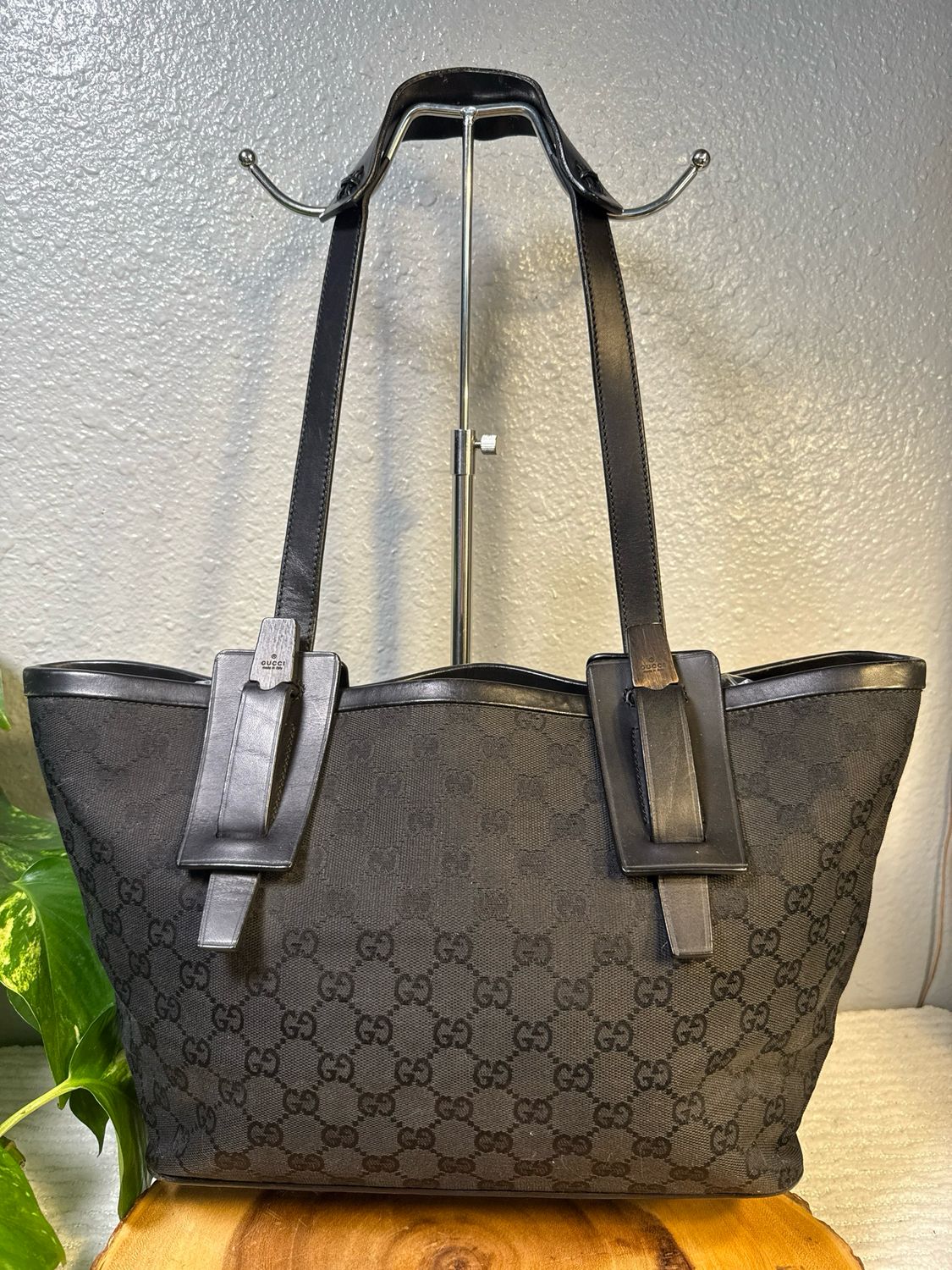 Gucci, Authentic Black Jacard And Black Leather With Wooden Accents Shoulder Bag