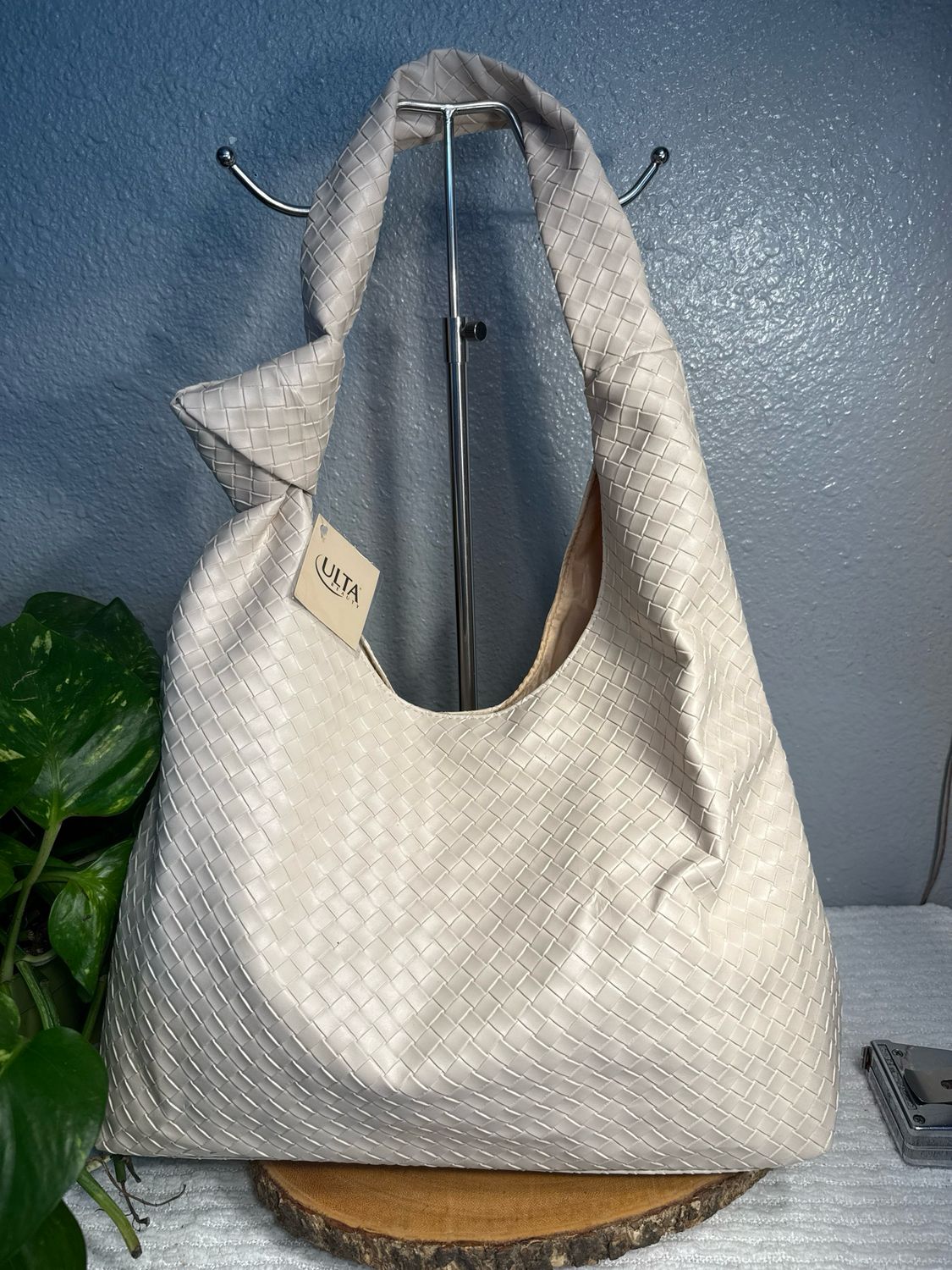 ULTA ivory vegan stamped Woven Leather Shoulder Bag New With Tags