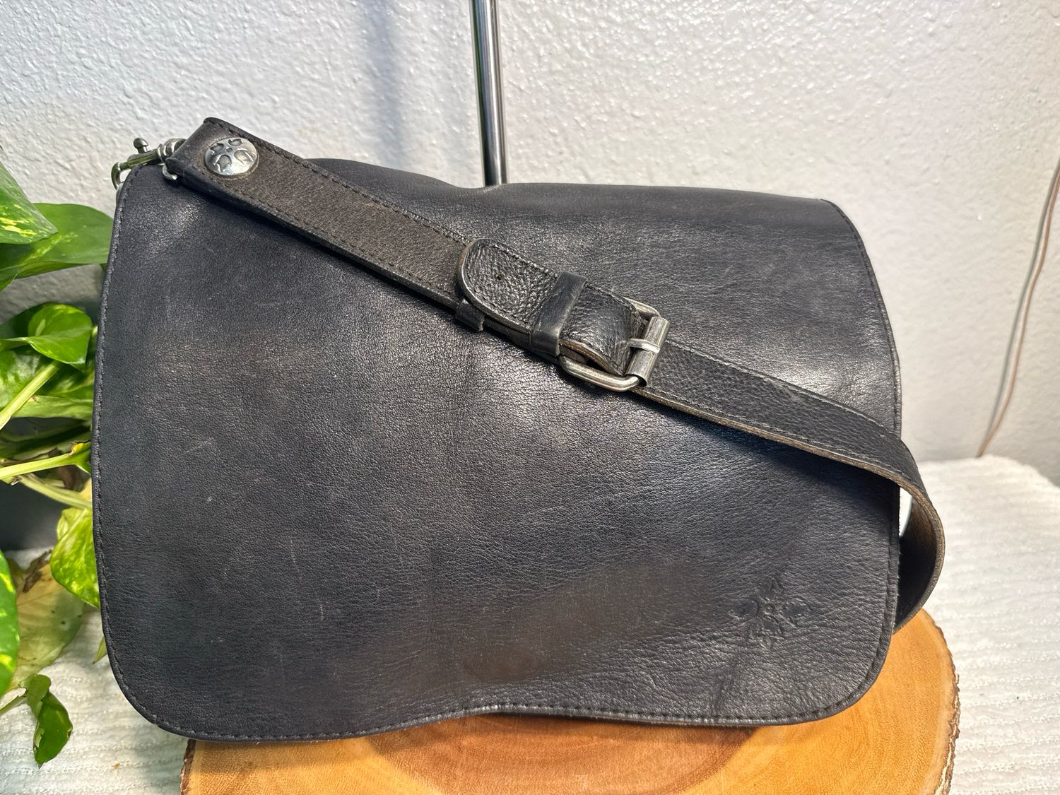 Patricia Nash Vintage Black Leather Messenger Style Crossbody Bag