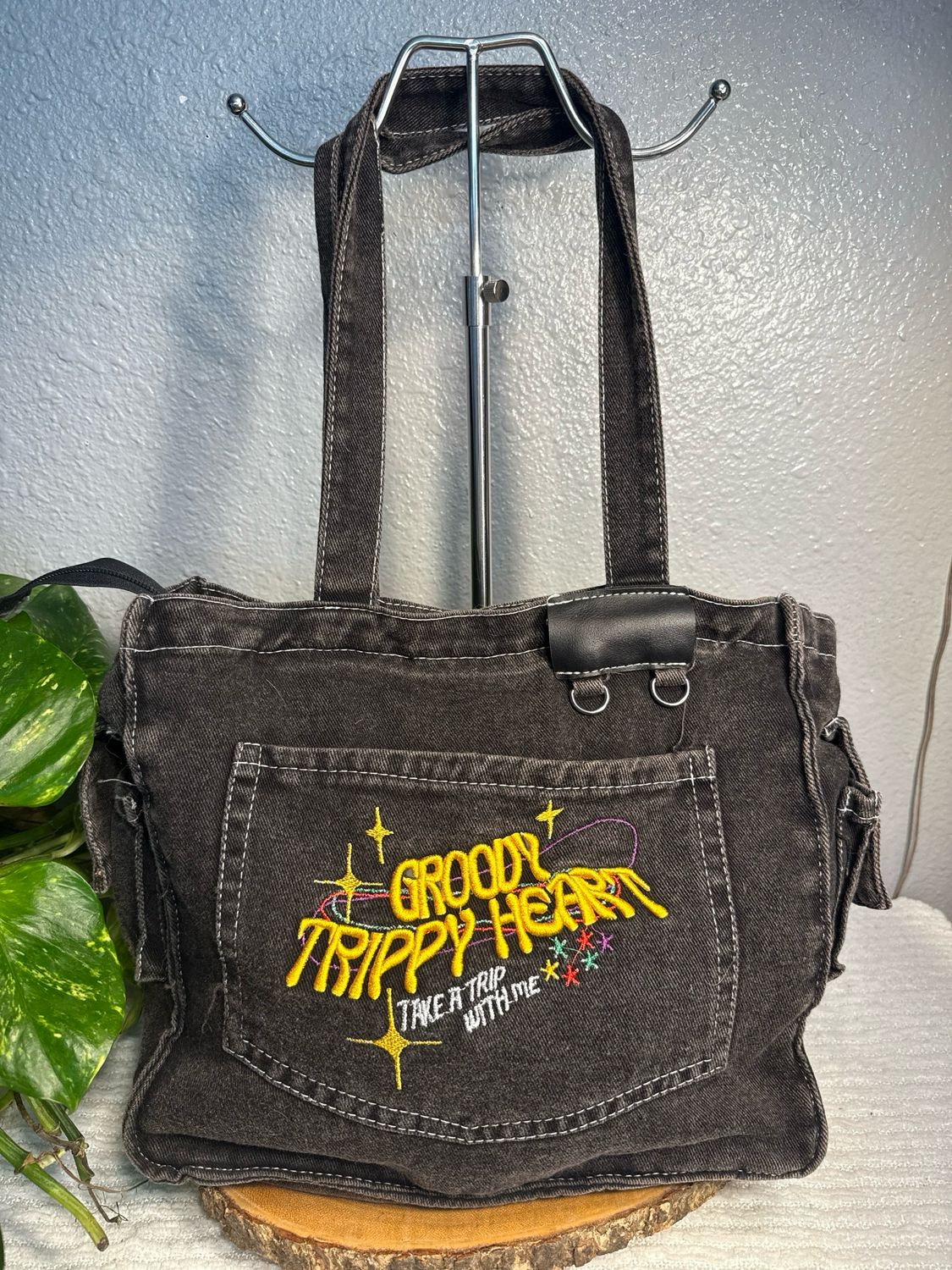 Groovy, Trippy Heart Black Loved Denim Tote Bag new never used from my collection