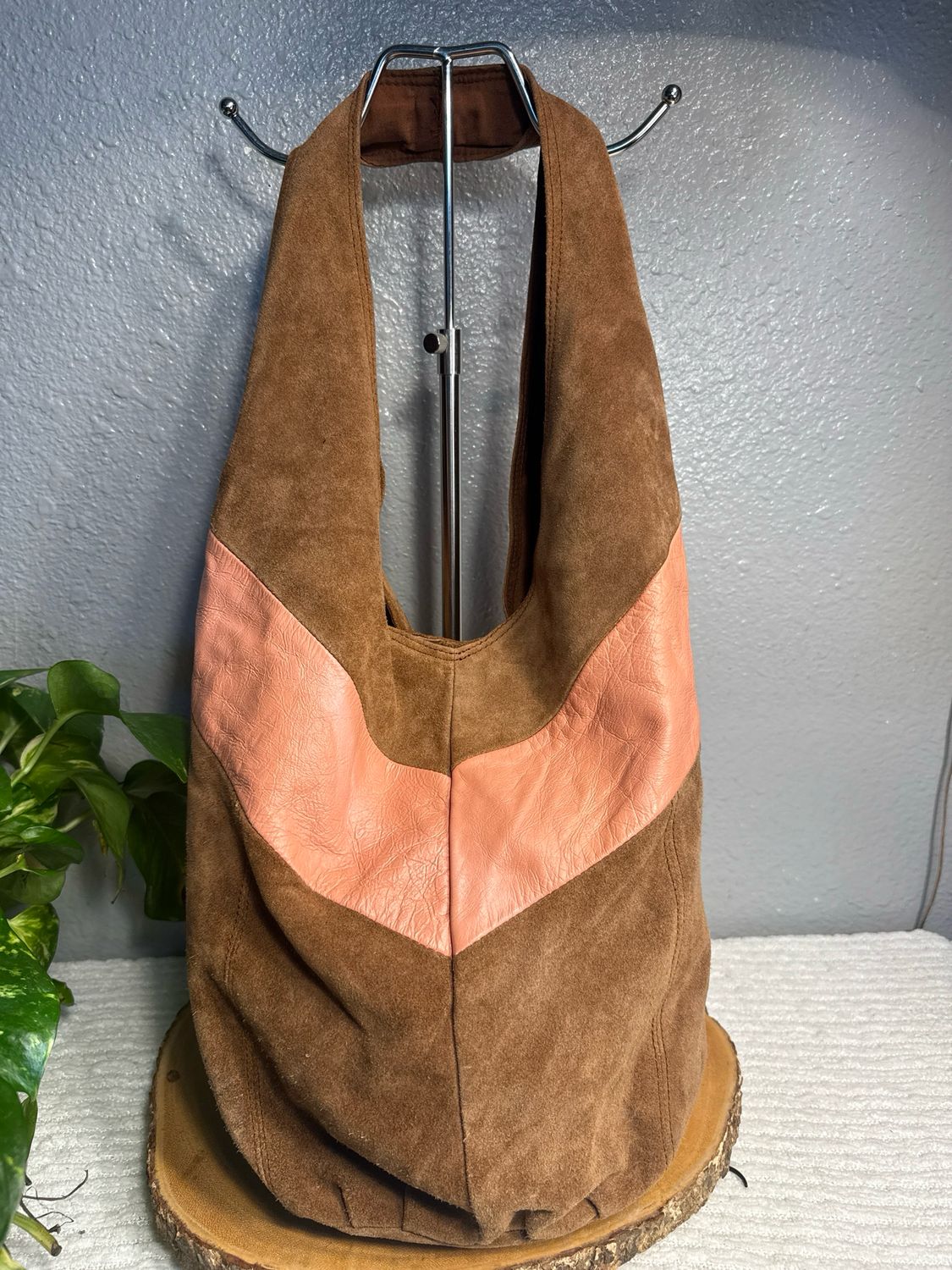 Unbranded, Brown Suede And Peach, Leather Slouchy Hobo Bag