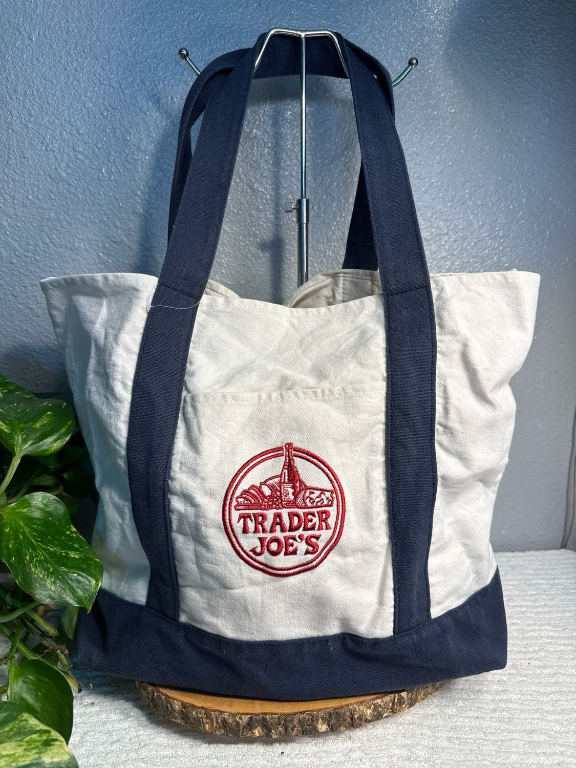 Trader Joe’s, Large, Navy Blue, And Ivory Canvas Tote