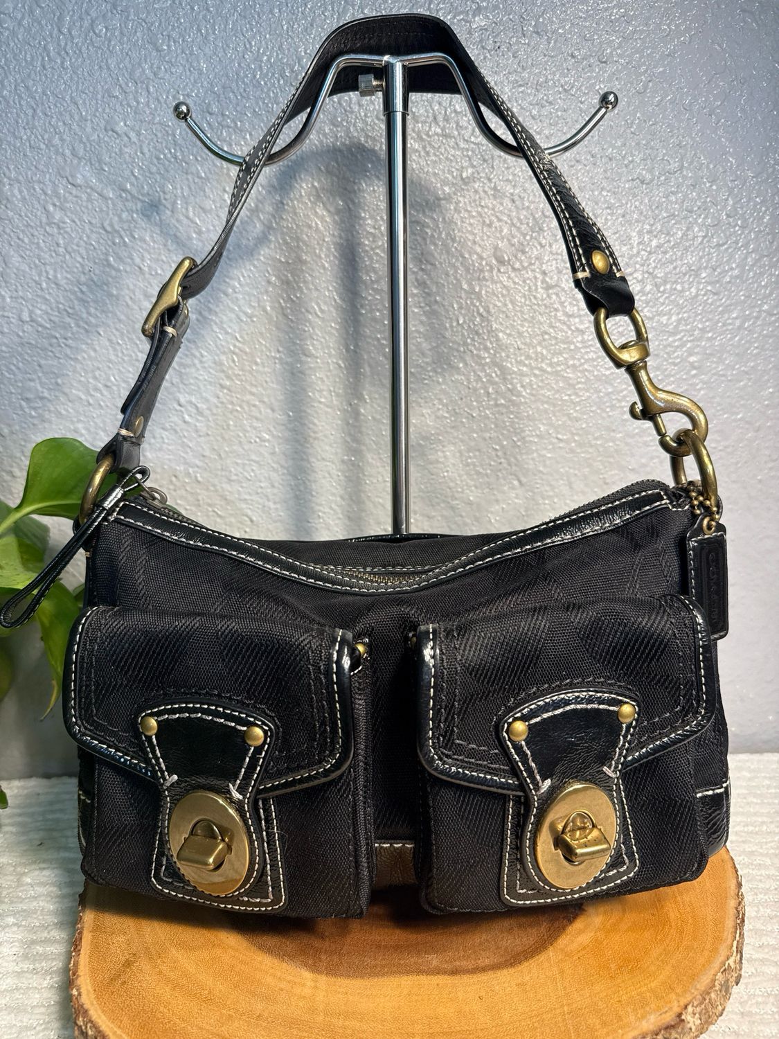 Coach Vintage Legacy Twist Lock Shoulder Bag In Black Jacard Signature With Black Leather Trim Pristine Condition
