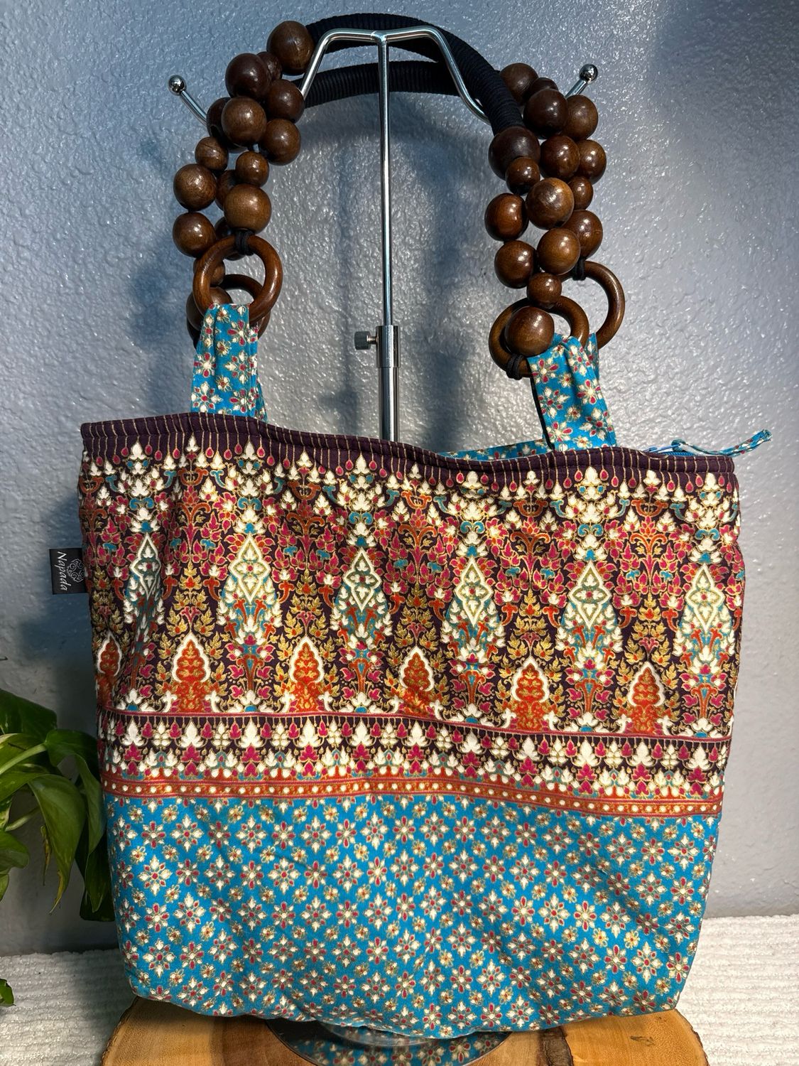 NAPADA Boho Beaded Cotton Zip Top Tote