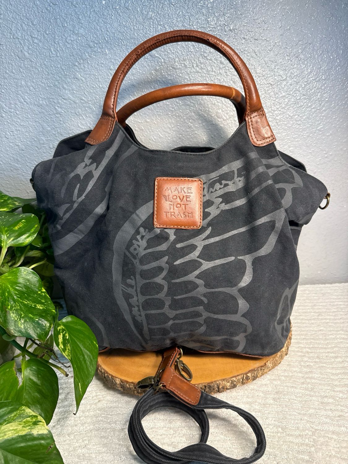 “ make Love, Not Trash” Denim Canvas, And Brown Leather Trim Bag