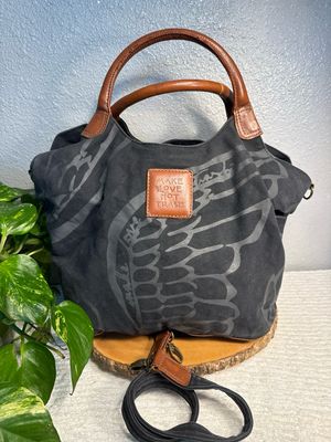 “ make Love, Not Trash” Denim Canvas, And Brown Leather Trim Bag “ make Love, Not Trash” Denim Canvas, And Brown Leather Trim Bag