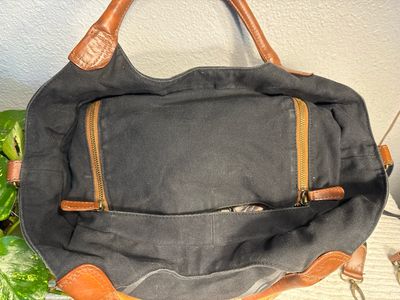 “ make Love, Not Trash” Denim Canvas, And Brown Leather Trim Bag
