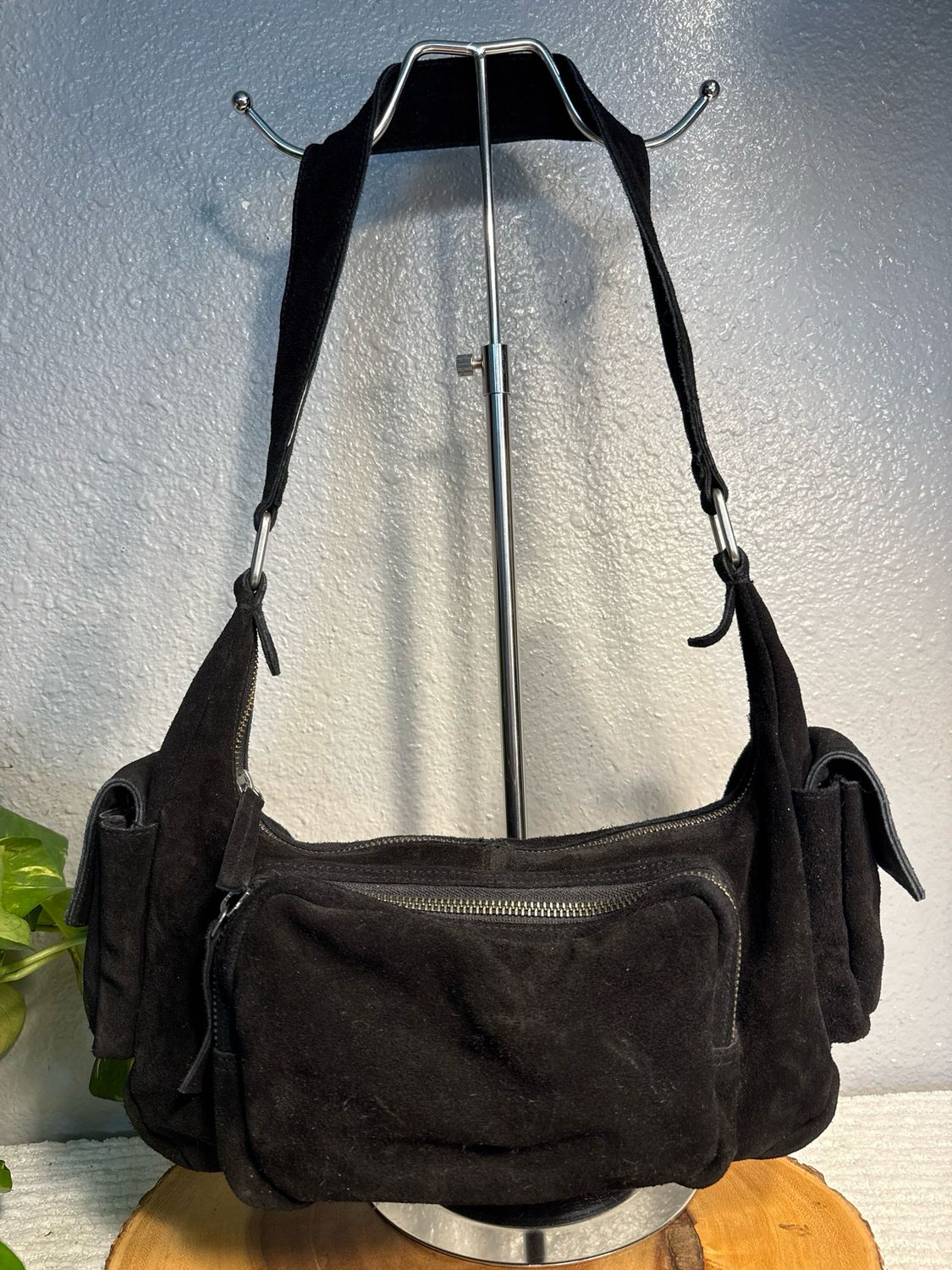 Free People, Black Suede, Boho Cargo Shoulder Bag