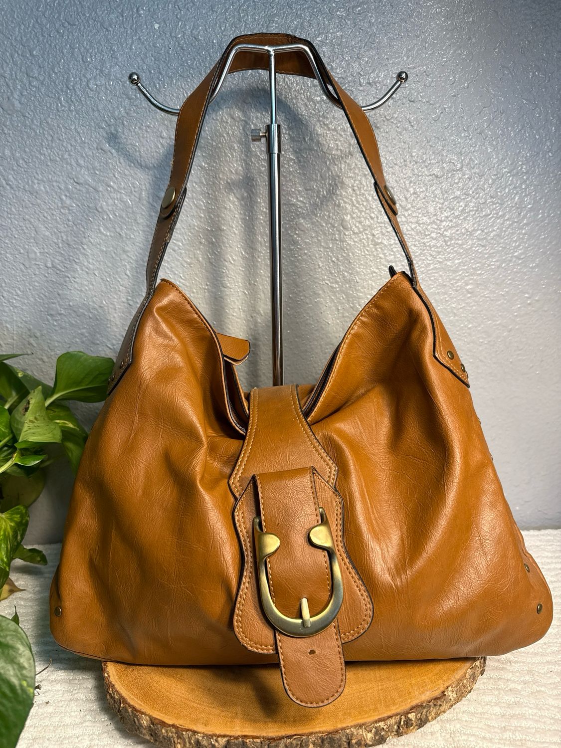 Unbranded, Brown, Vegan Crackle, Leather Bronze, Studded Shoulder Bag