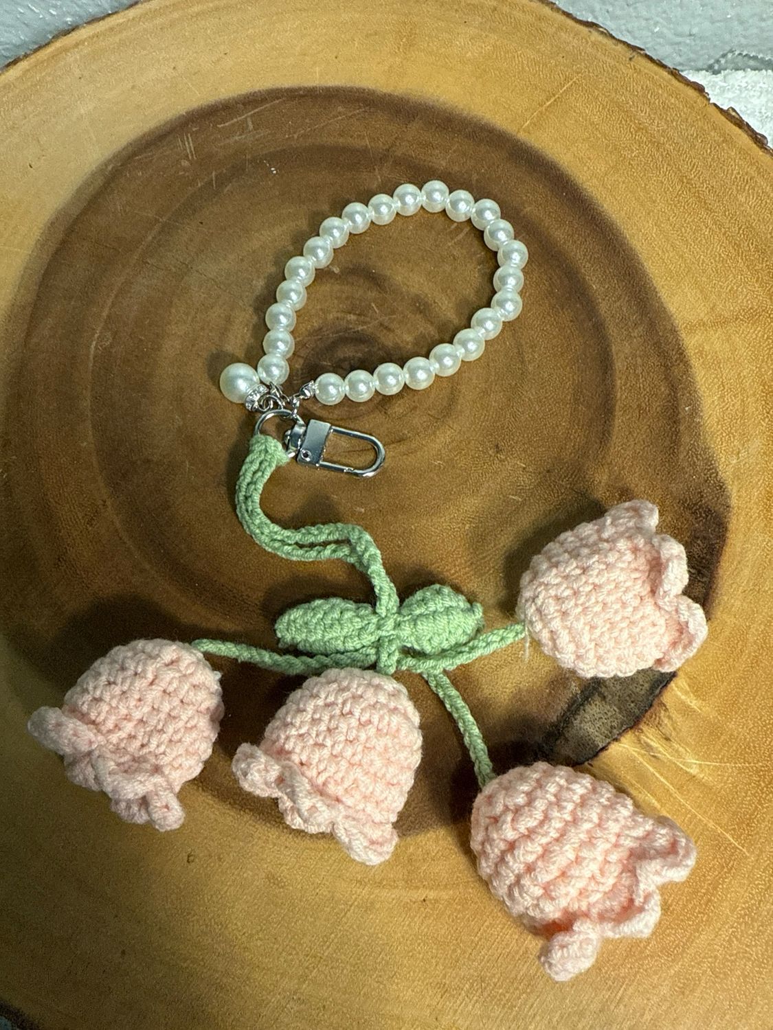 Baby Pink, Crocheted, Pearl Bracelet, Handbag, Charm, Or Keychain