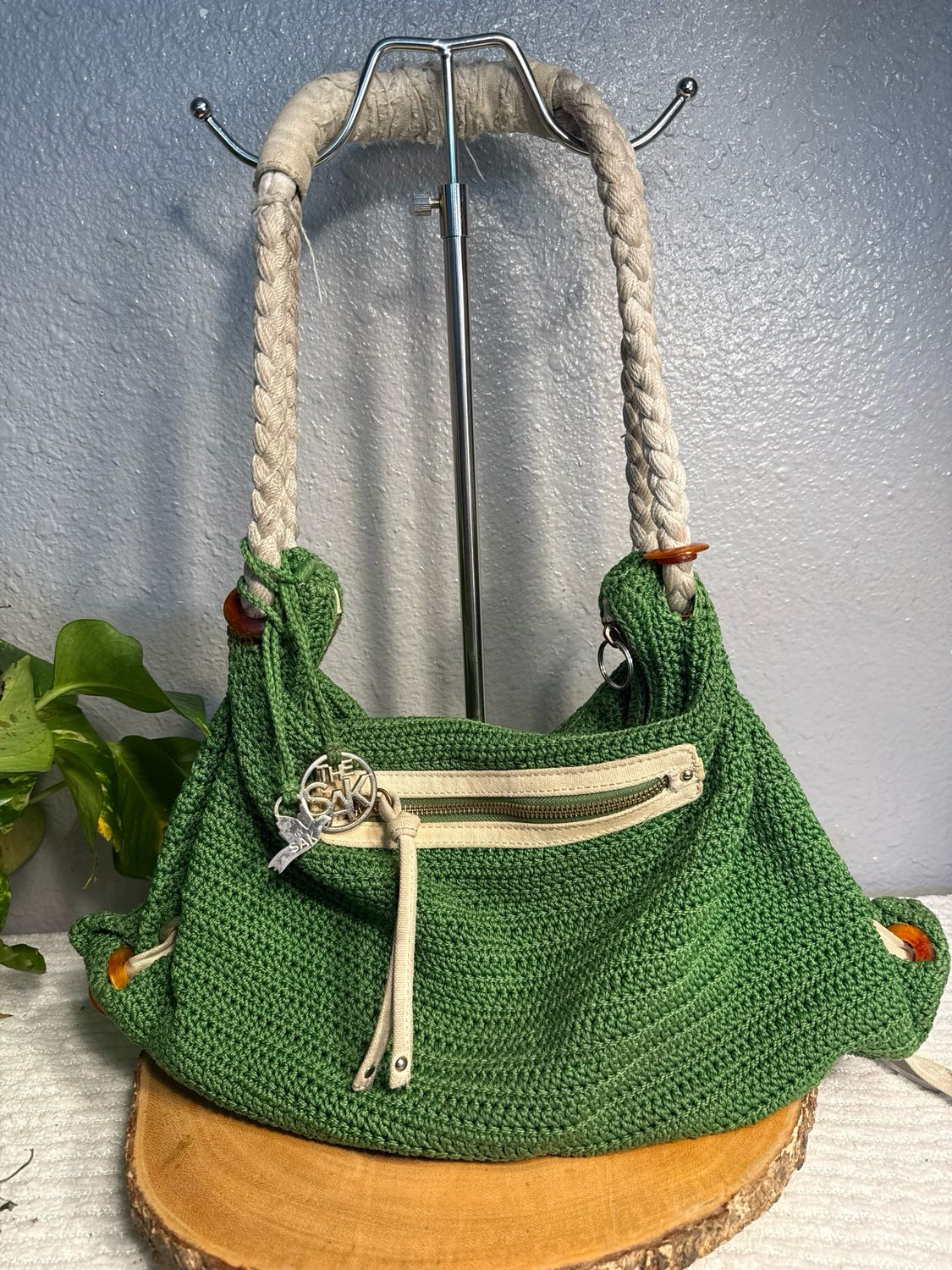 The SAK Rare Boho Green Crochet Shoulder Bag With Wear