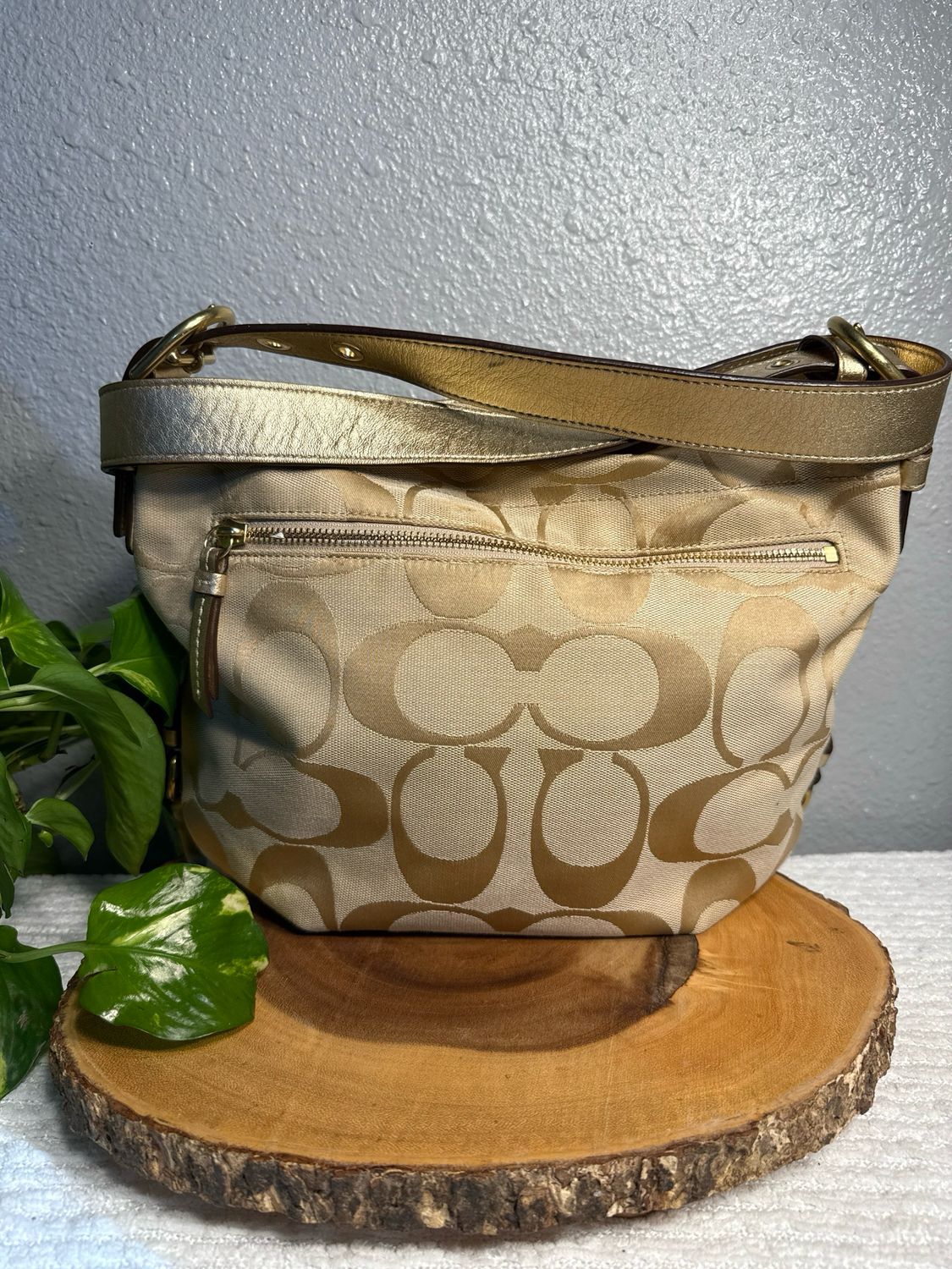 Coach 2012 Jacquard Signature With Gold Trim Crossbody Bag