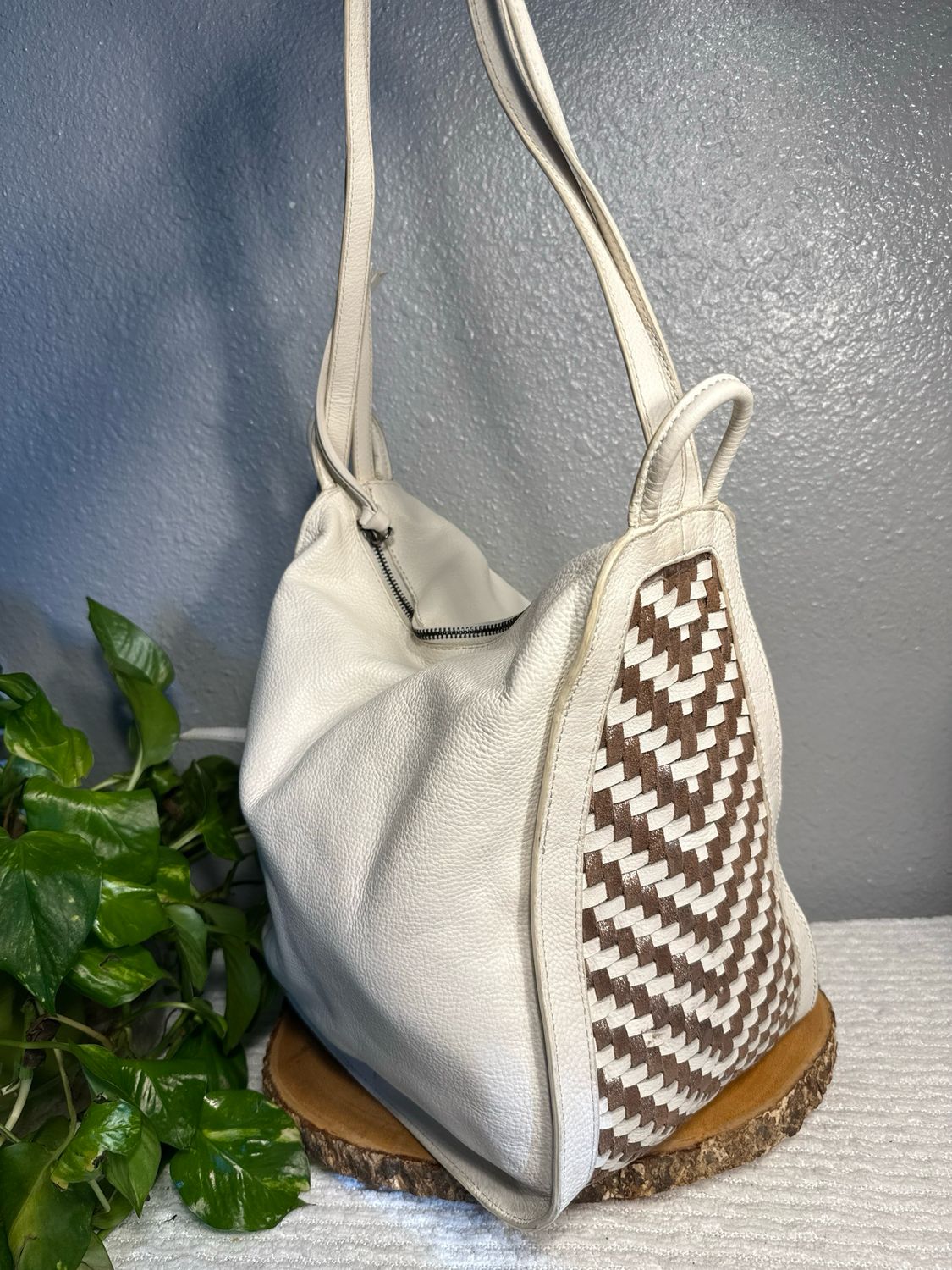 Kooba Ivory With Woven Leather Shoulder Bag Or Convertible Backpack